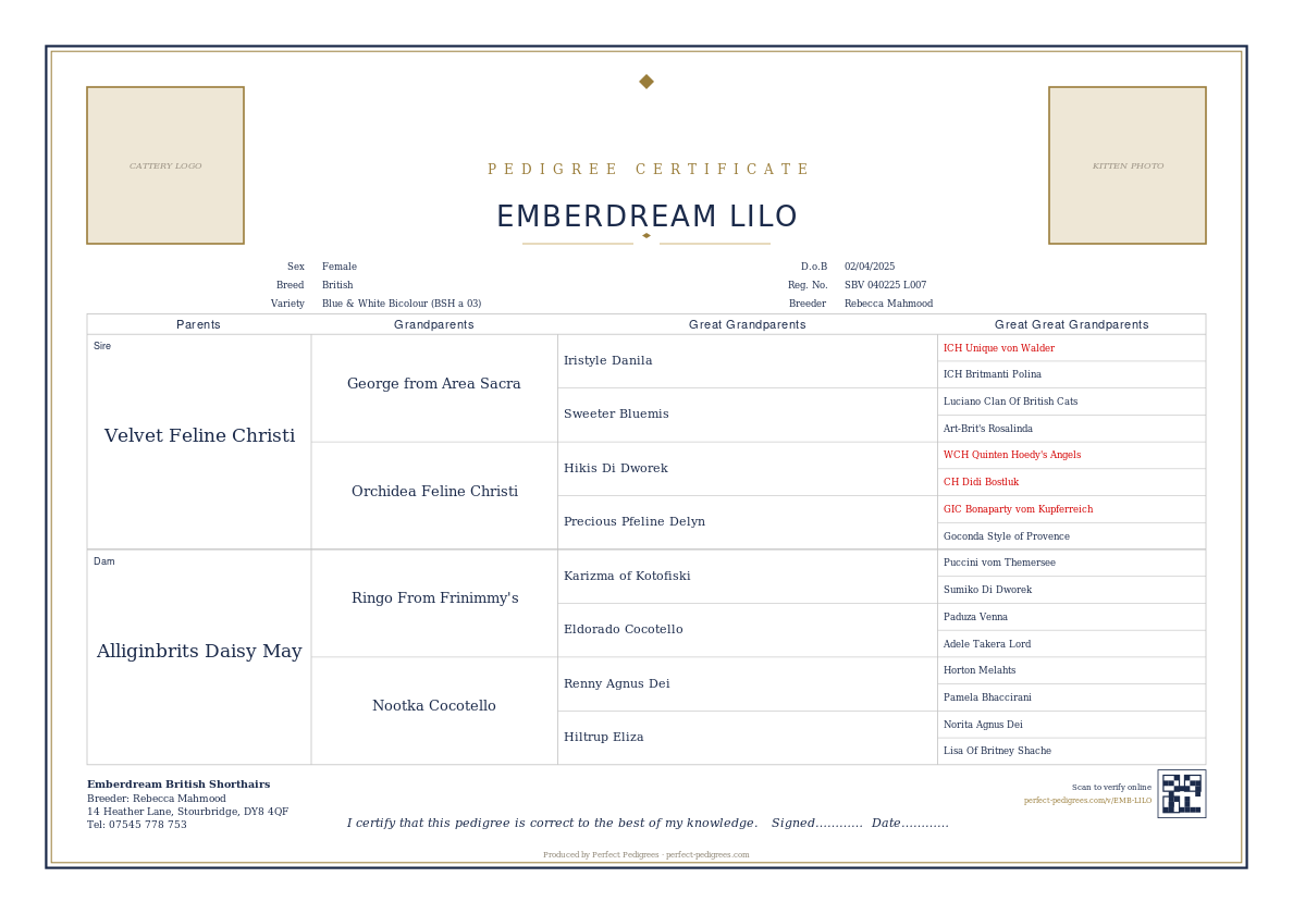 Regal Crest pedigree certificate design